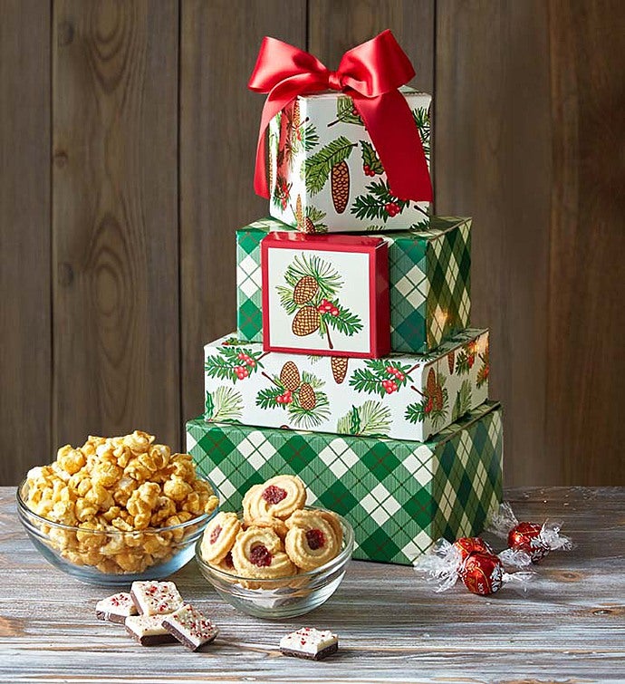 Pinecones & Plaid Festive Sweets Gift Tower