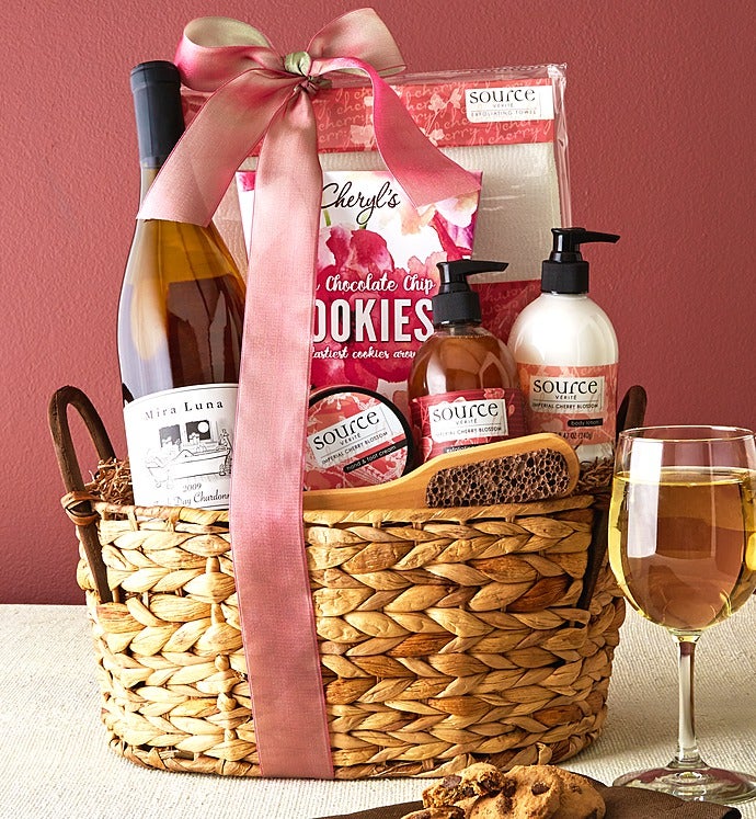 Cherry Blossoms Spa Gift Basket with Wine