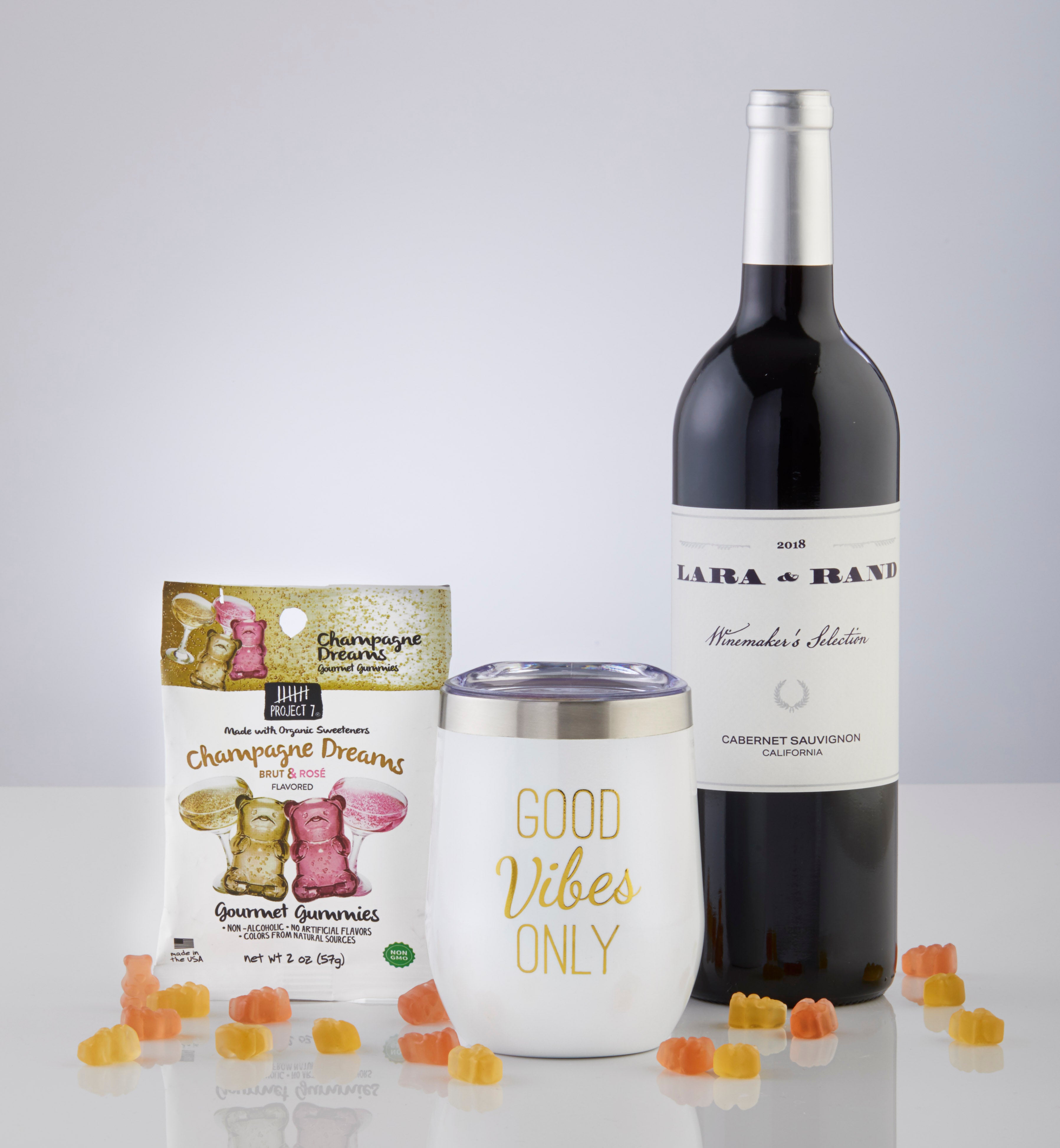 Sippable™ Good Vibes Tumbler Cup with Gummies and Wine