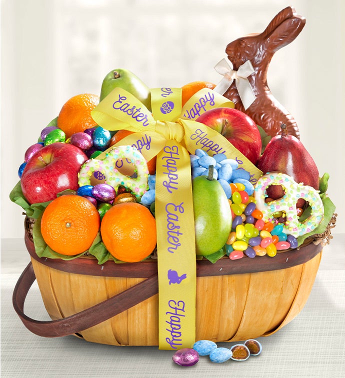 What goes into an Easter basket? Easter baskets are brimming with  traditional treats like decorated eggs, marshmallow chicks, chocolate  candies, and stuffed bunny toys. There's something for everyone in this  basket: Teething