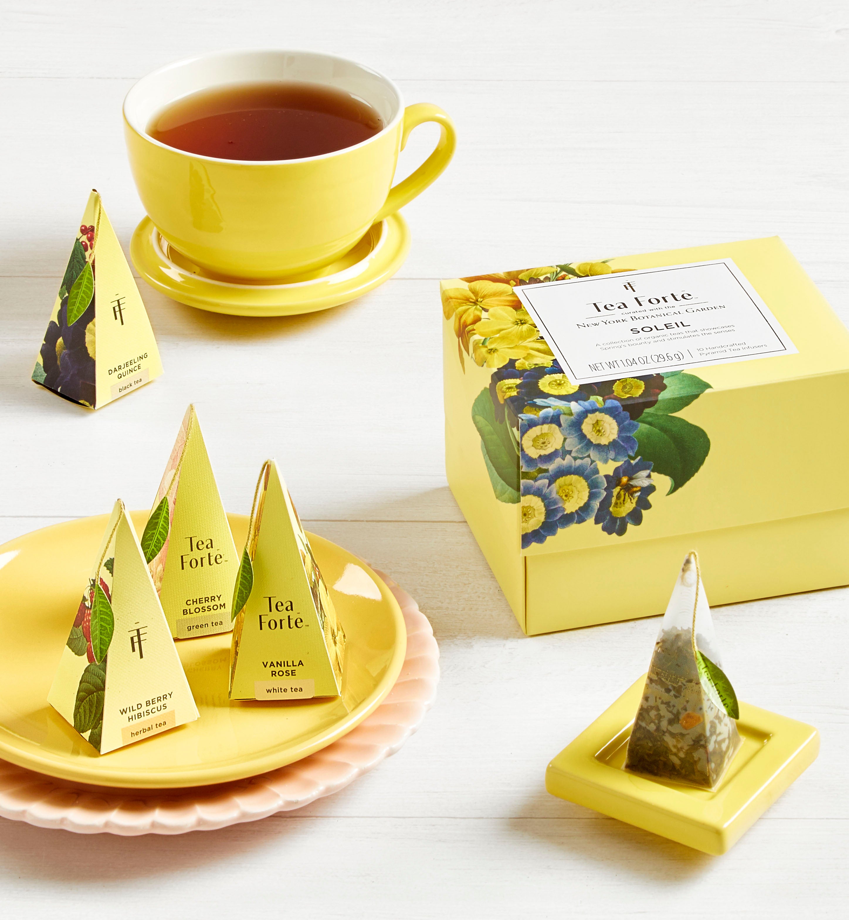 Tea Forte Soleil 3-Piece Premium Tea Gift Set With Yellow Cafe Cup With Lid, Tea Tray And 10 Assorted 2 Of Each Variety Organic Handcrafted Pyramid Infer Tea Bags